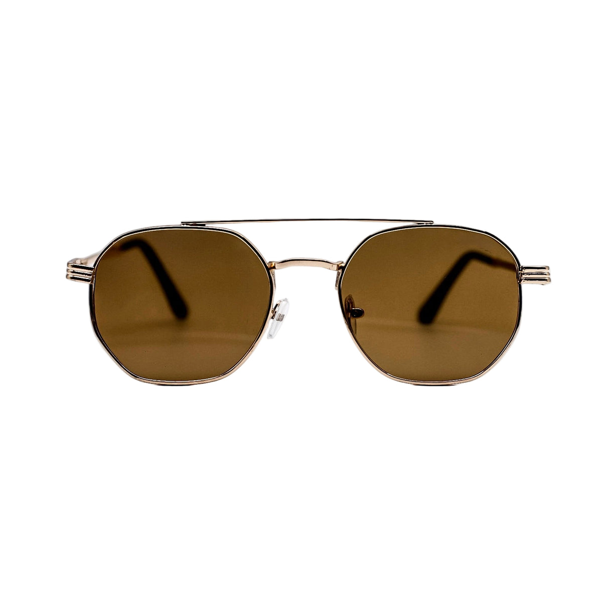Gold-framed sunglasses with brown lenses on a white background