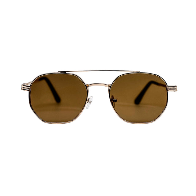 Gold-framed sunglasses with brown lenses on a white background