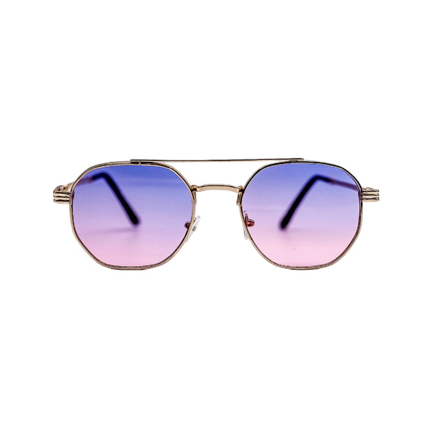 Sunglasses with a gradient purple and blue lens on a light gray background