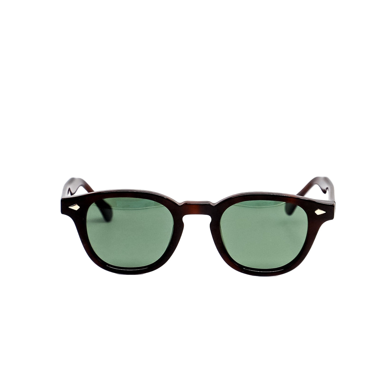 Sunglasses with green lenses and dark brown frame on a white background