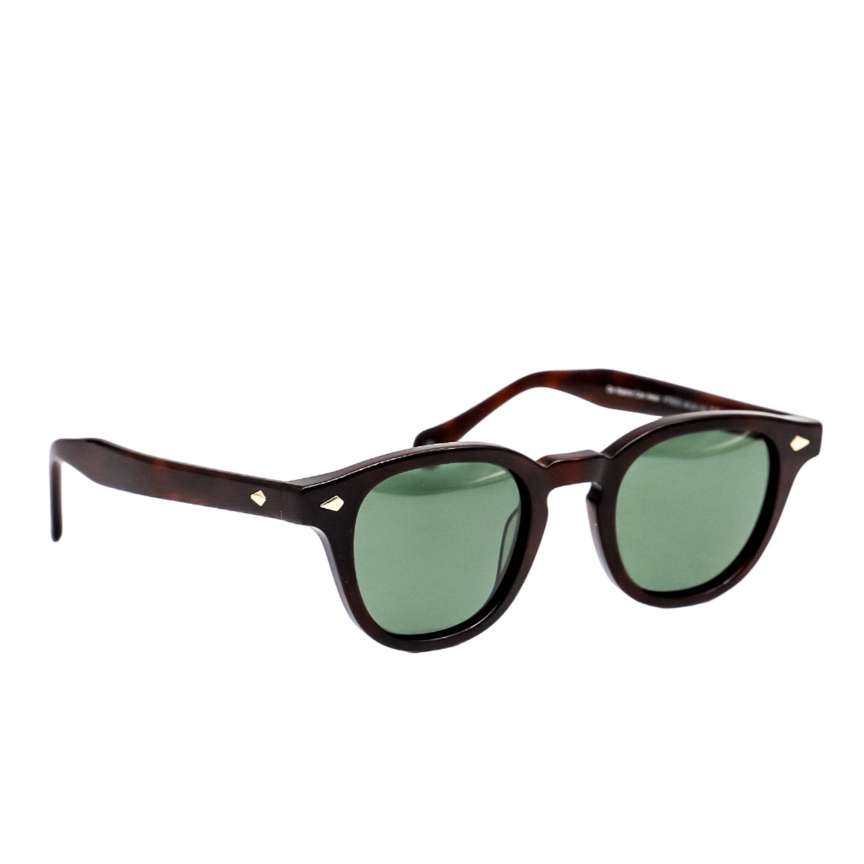 Sunglasses with dark brown frame and green lenses on a white background
