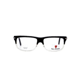 Black eyeglasses with a logo on a white background