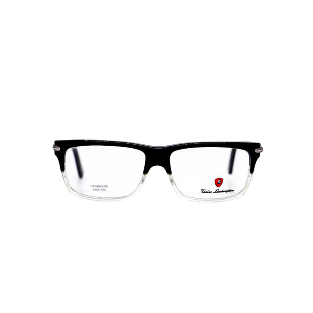 Black eyeglasses with a logo on a white background