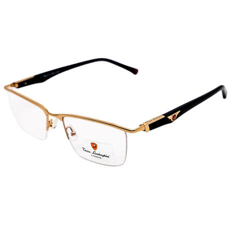 Gold and black eyeglasses on a white background