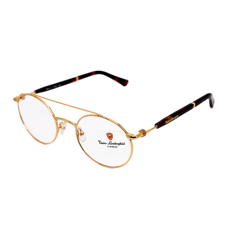Gold-framed eyeglasses with a brand logo on a white background