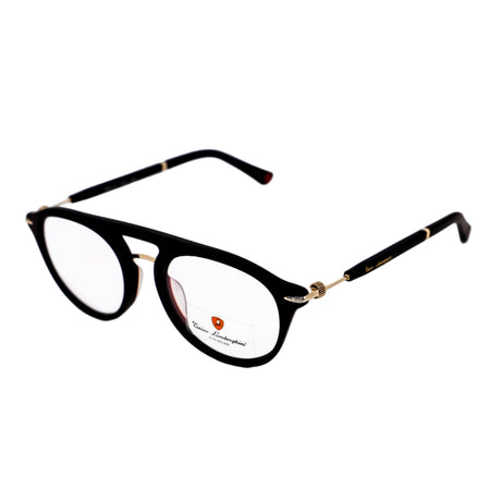 Black eyeglasses with gold accents on a white background