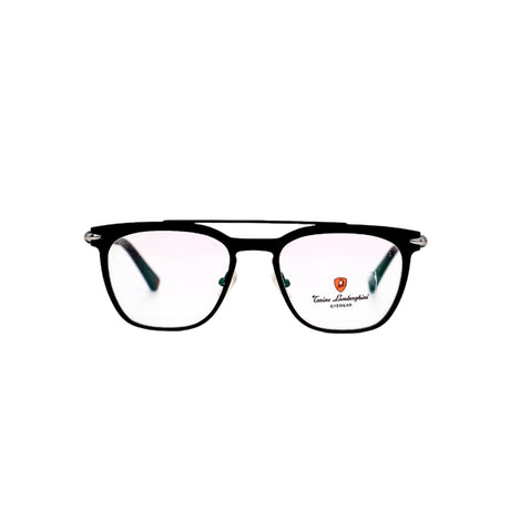 Black eyeglasses with a logo on a white background