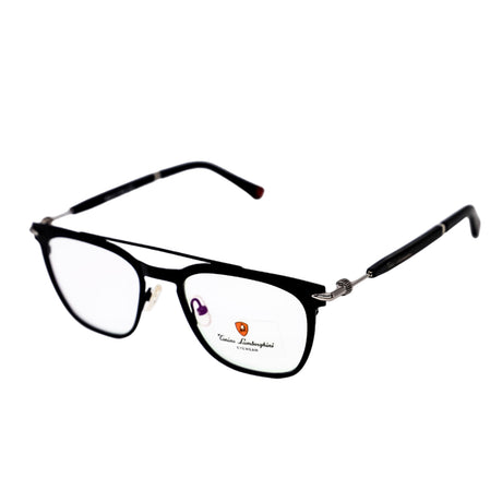 Black eyeglasses with a visible brand logo on a white background