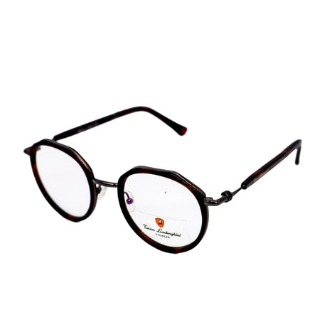 Round eyeglasses with a brand logo on a white background